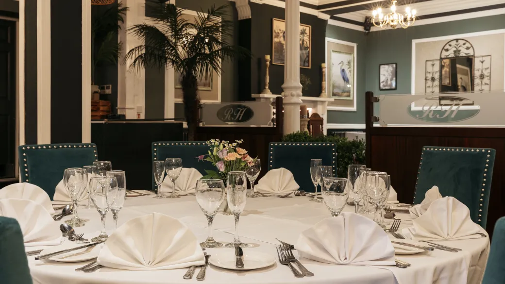 A table setting in the Palm Court space inside The Royal Hotel Bideford