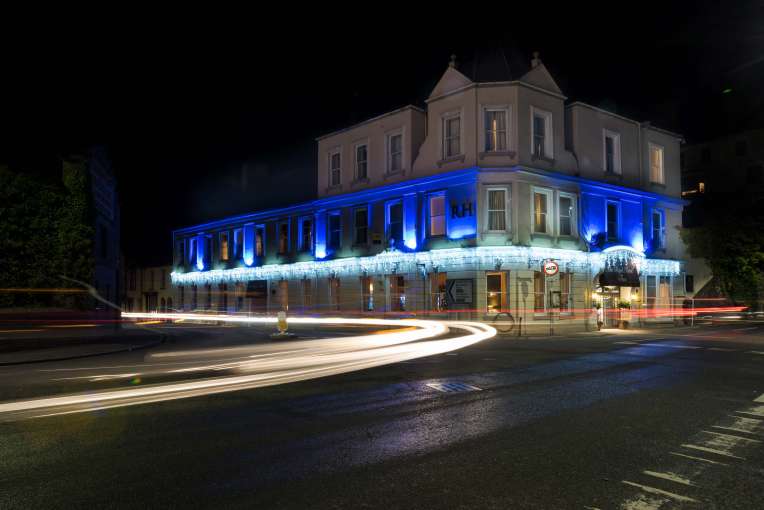 Royal Hotel Christmas Exterior from Road at Night