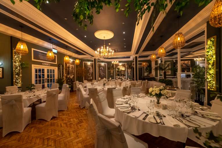 Wedding reception layout in Palm Court