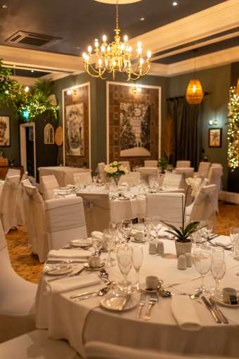 Aerial view of table decor at palm court