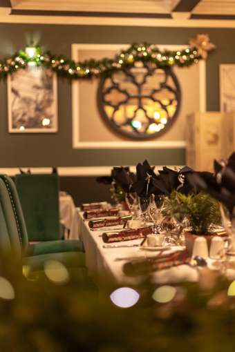 Portrait shot of Palm Court with festive decorations 