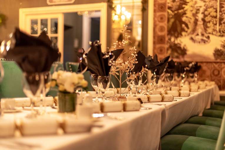 Table shot of festive decorations in Palm Court 