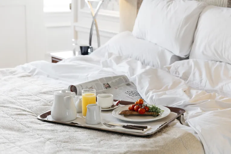 A breakfast tray on one of the beds in The Royal Hotel Bideford