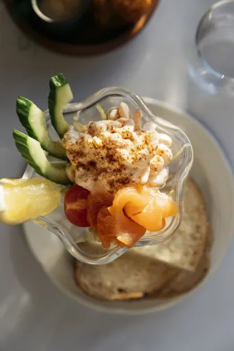 A top-down view of a prawn and salmon cocktail served at The Royal Hotel Bideford