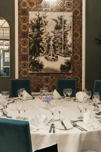 A table set up for an event in The Palm Court function room at The Royal Hotel Bideford