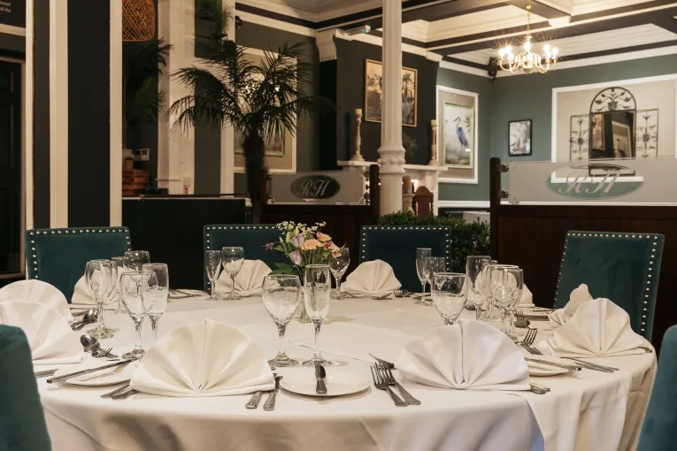 A table setting in the Palm Court space inside The Royal Hotel Bideford