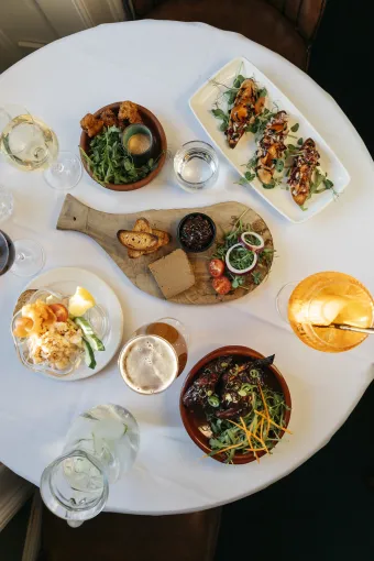 A top down view of a selection of meals and drinks at The Royal Hotel Bideford