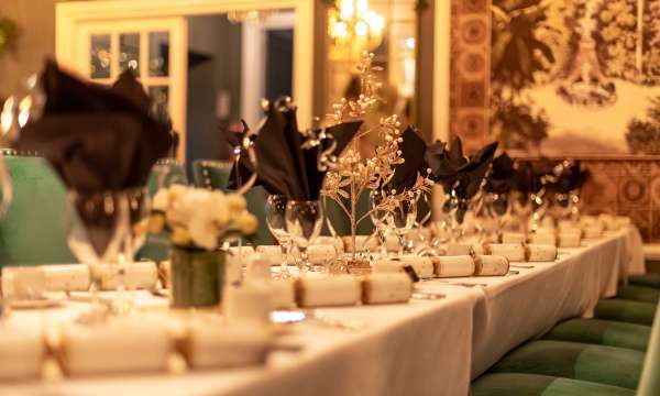 Table shot of festive decorations in Palm Court 