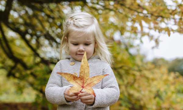 Girl holding leaf at RHS Rosemoor