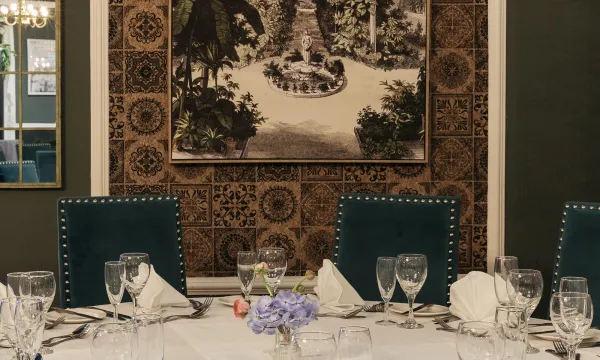 A table set up for an event in The Palm Court function room at The Royal Hotel Bideford