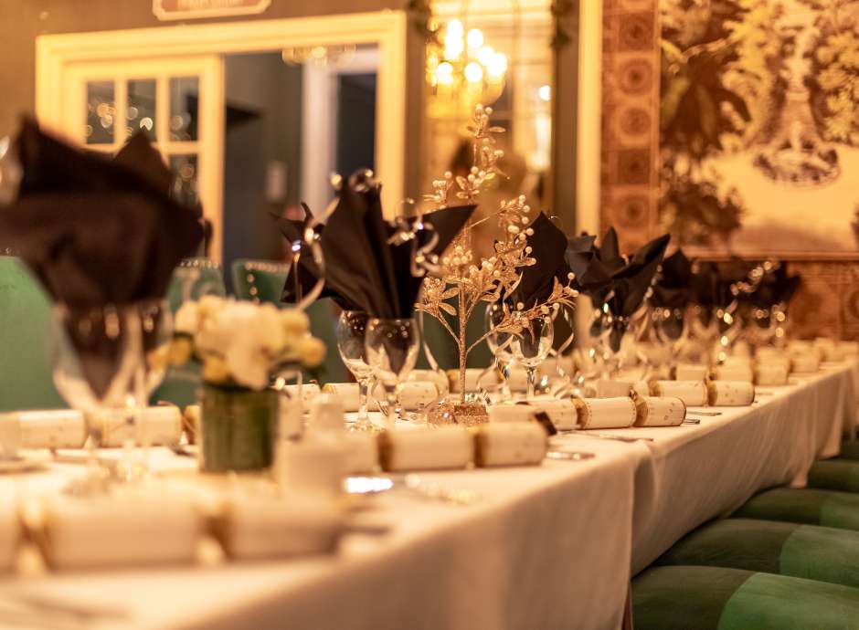 Table shot of festive decorations in Palm Court 