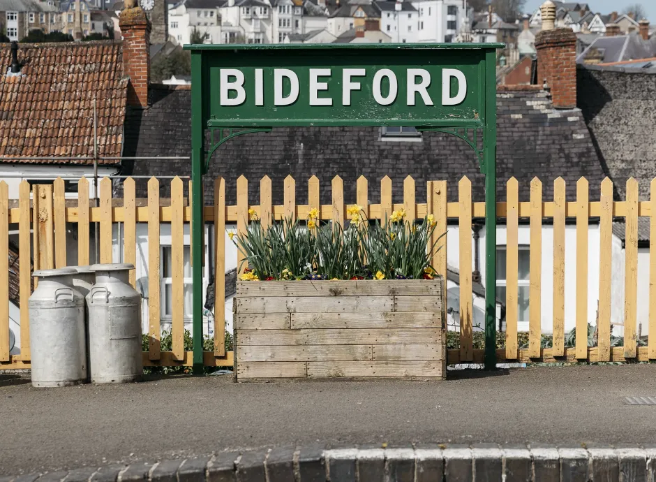 A sign for the Bideford Station on the old Tarka Line railway near The Royal Hotel