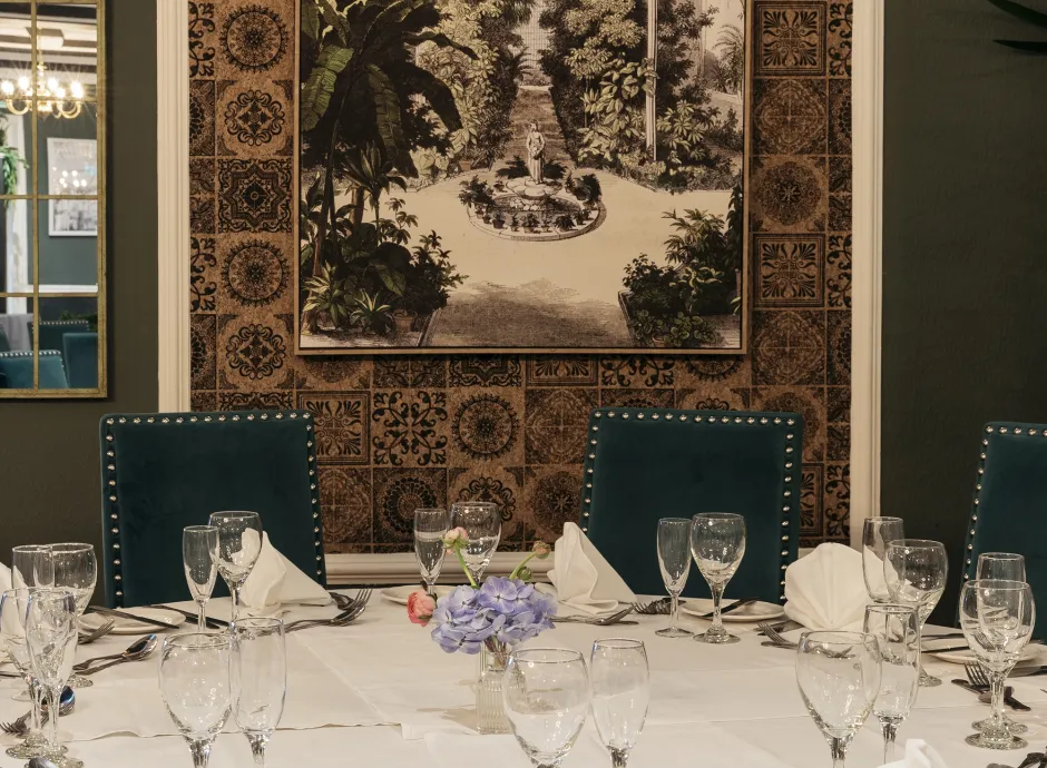 A table set up for an event in The Palm Court function room at The Royal Hotel Bideford